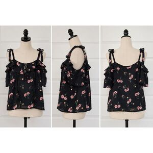 H&M Divided Women’s Size 6 Black Floral Cold Shoulder Ruffle Blouse Lace Tie